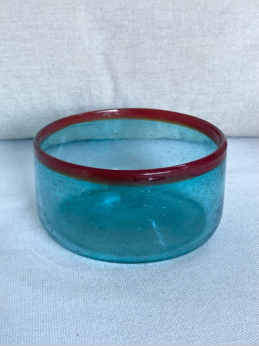 Handcrafted Recycled Glass Bowl Turquoise Aqua Blue with Red Amber Rim